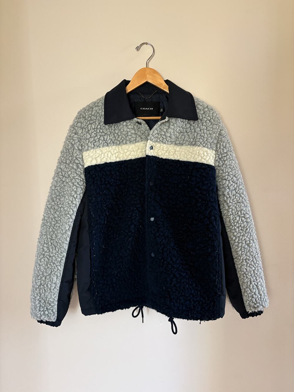 Coach Sherpa Varsity Jacket, Button Front Gray Navy, Mens Small
